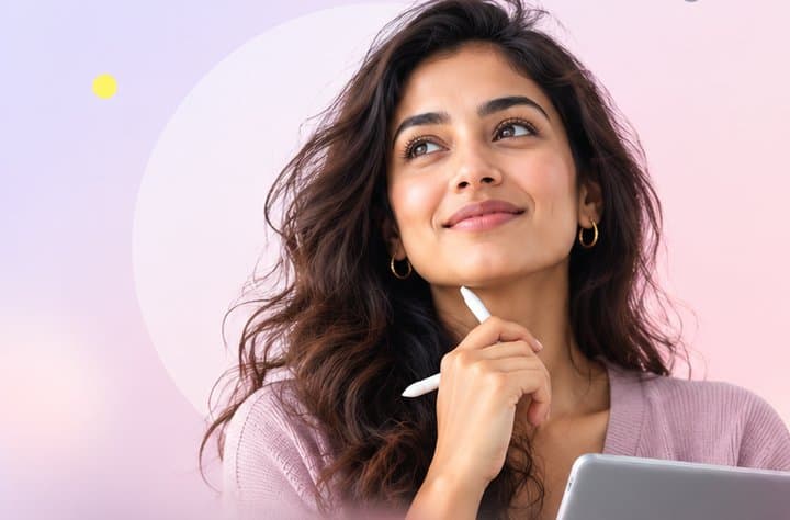 eLearning designer holding a pen, looking up thoughtfully