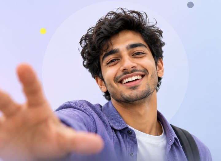 Smiling engineering graduate reaching a hand towards the camera