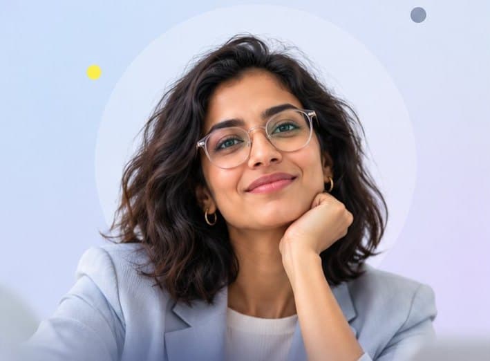 Smiling professional with glasses, chin on hand