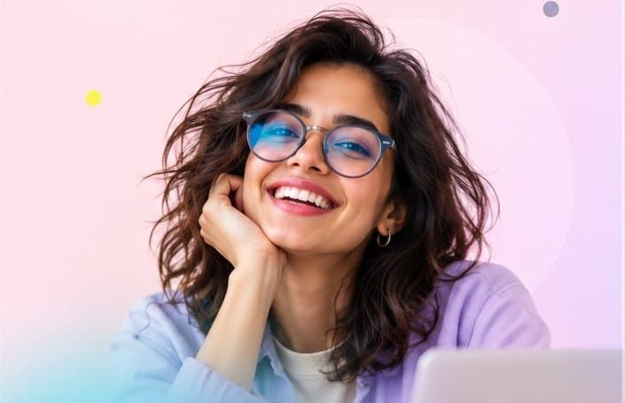 Smiling UX designer with glasses, chin resting on her hand